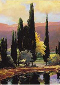A painting of Cypress trees by a lake